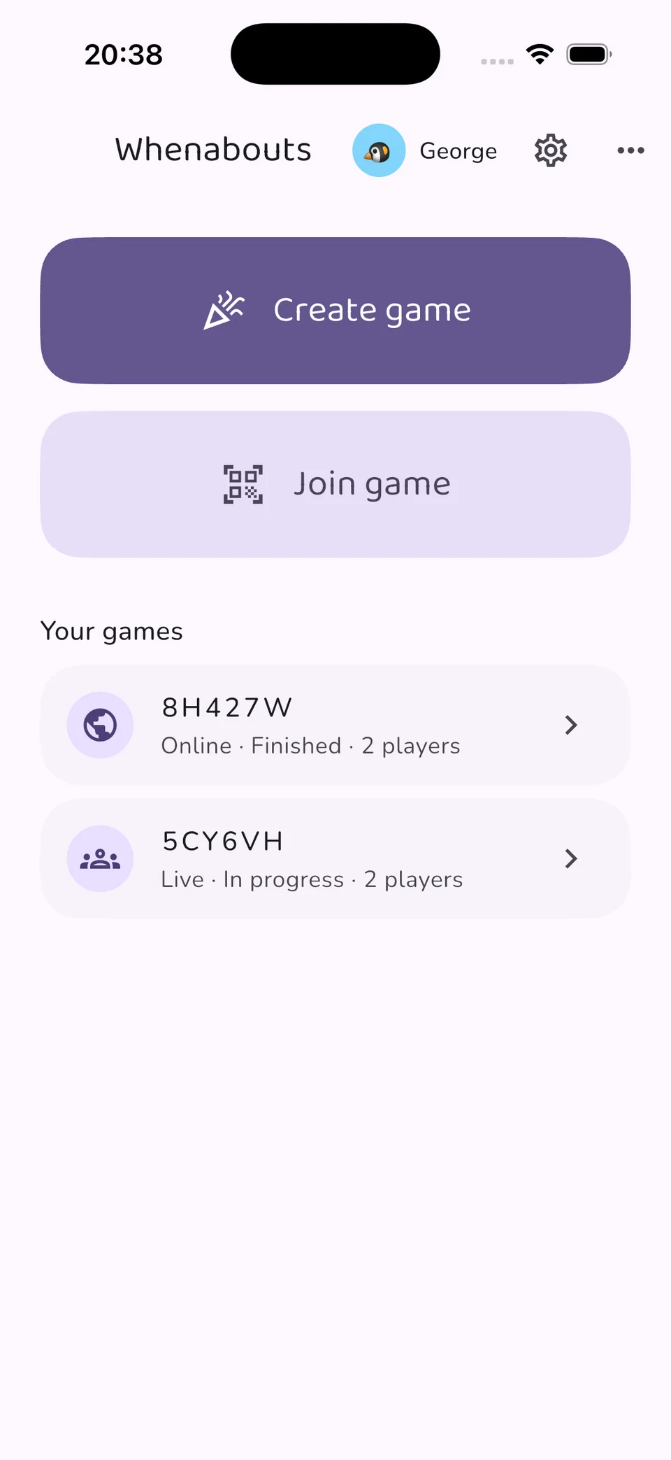 Whenabouts home screen with Create game and Join game buttons