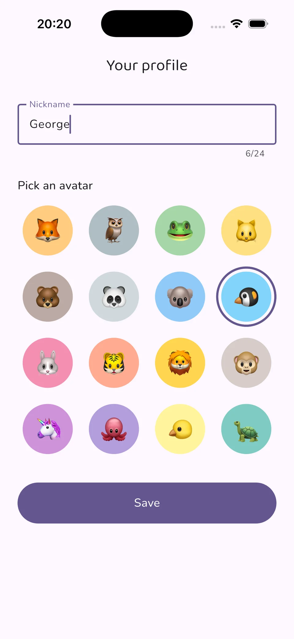 Profile screen: choose a nickname and an animal avatar