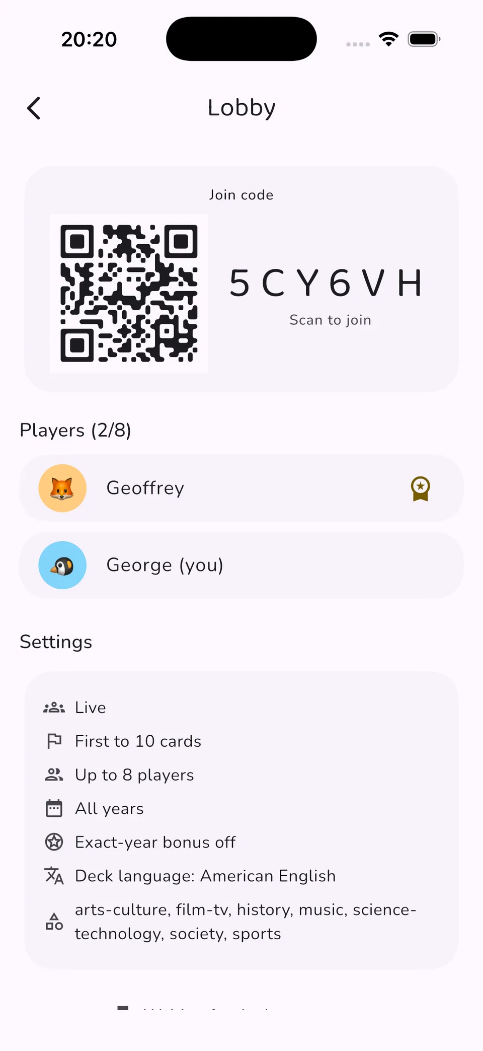 Lobby showing a join code, QR code and the players who have joined
