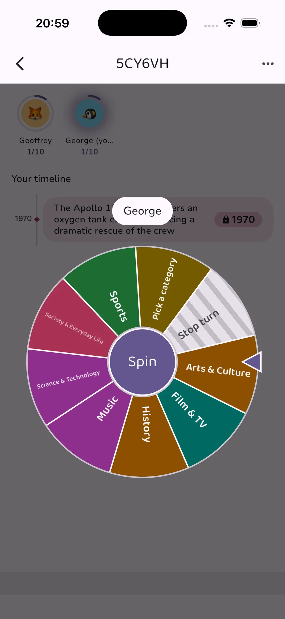 The category wheel mid-spin over a player's timeline