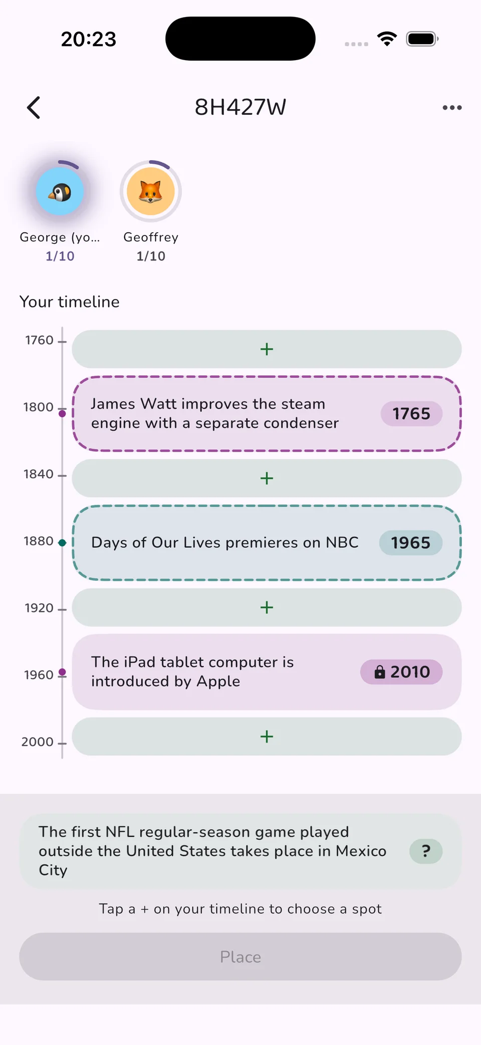 Placing a card into the timeline, its year still hidden
