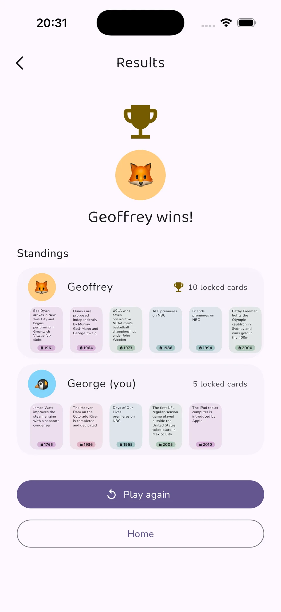 Results screen with the winner and every player's locked cards